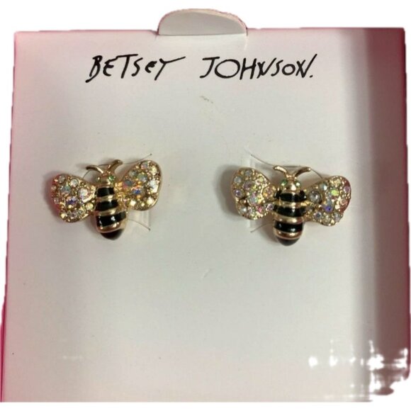 Betsey Johnson Gold-Black Pave Crystal Bumble Bee Stud Earrings-Gift Boxed - Picture 2 of 5